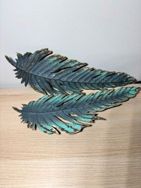 Wall Art Turquoise Feathers (2) Metal Accent Hangers On Back Preowned Pristine